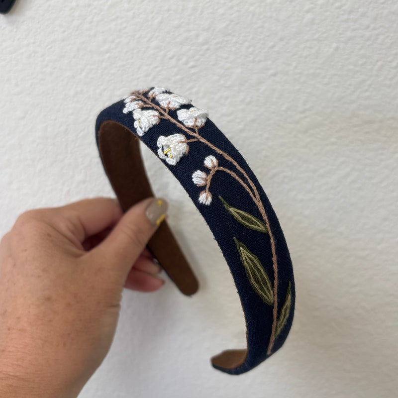 Floral Embroidered Headband- Lily of the Valley Navy Blue
