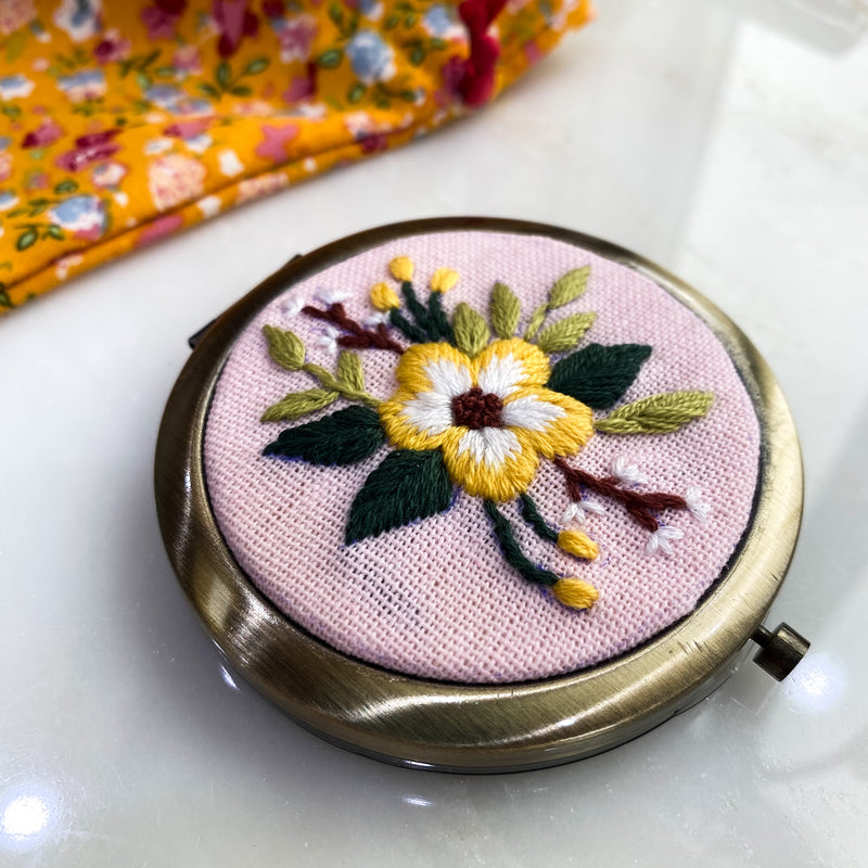 Floral Embroidered Compact Mirror - Pink Floral