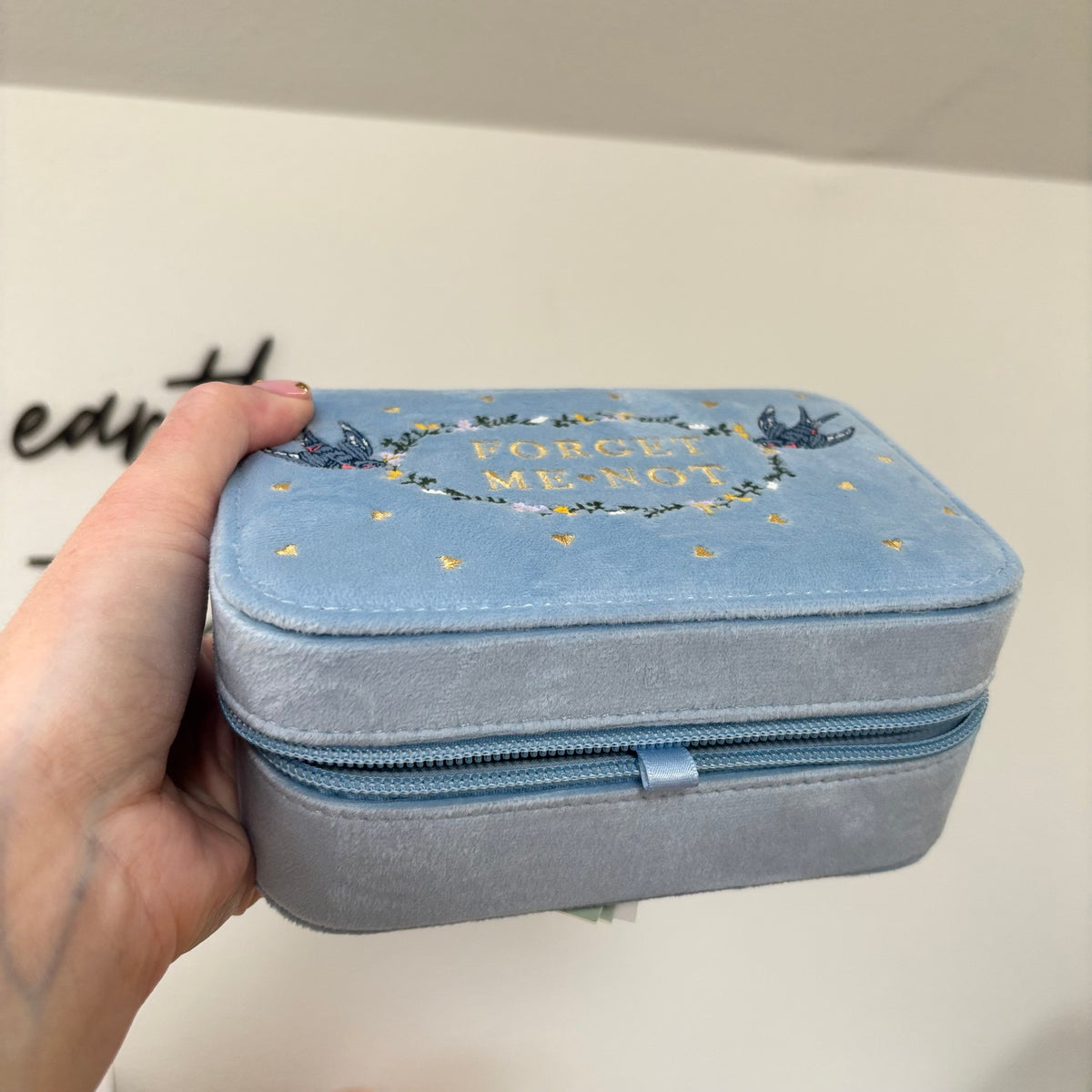 Forget Me Not Blue Velvet Embroidered Jewelry Box