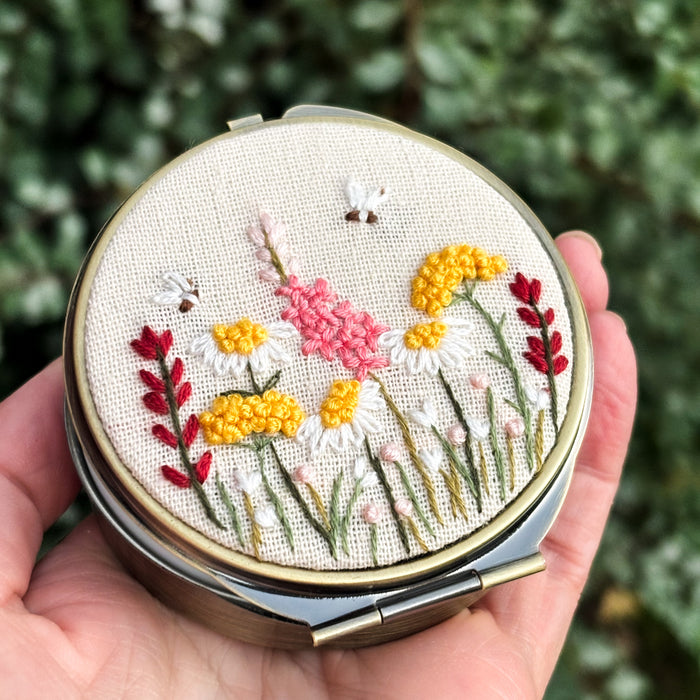 Spring Garden Floral Embroidered Jewelry Box with Mirror