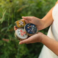 Floral Embroidered Round Jewelry Box With Mirror Pink Roses