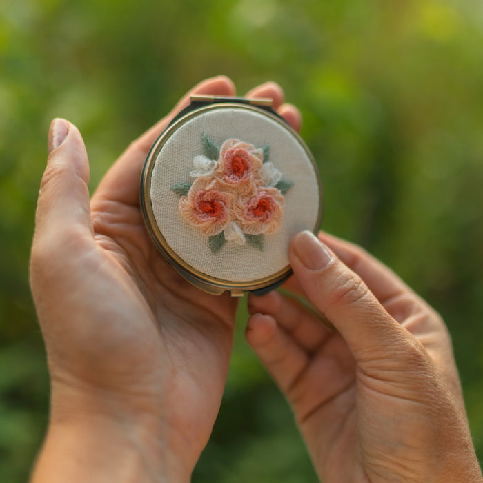 Floral Embroidered Round Jewelry Box With Mirror Pink Roses