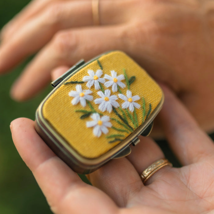 Floral Embroidered Mini Jewelry Box with Mirror