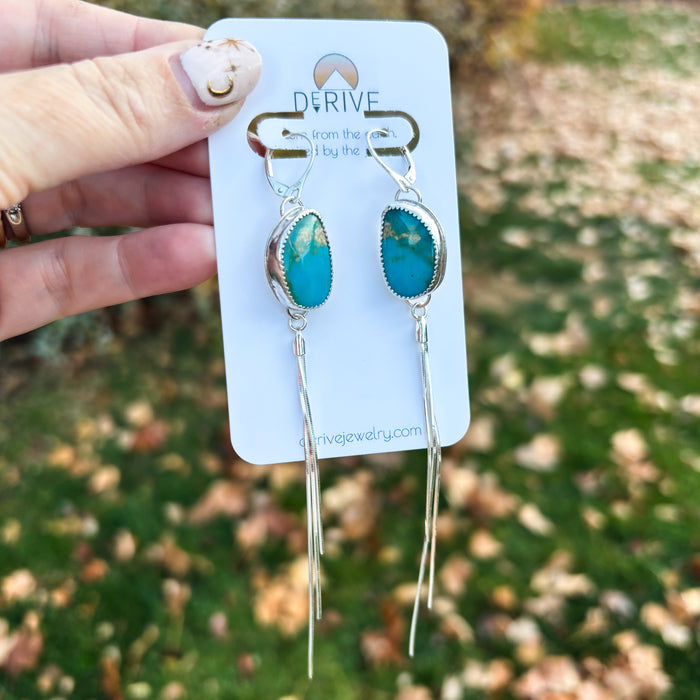Canyon Sky Earrings - Kingman Turquoise bezel set fringe earrings in sterling silver
