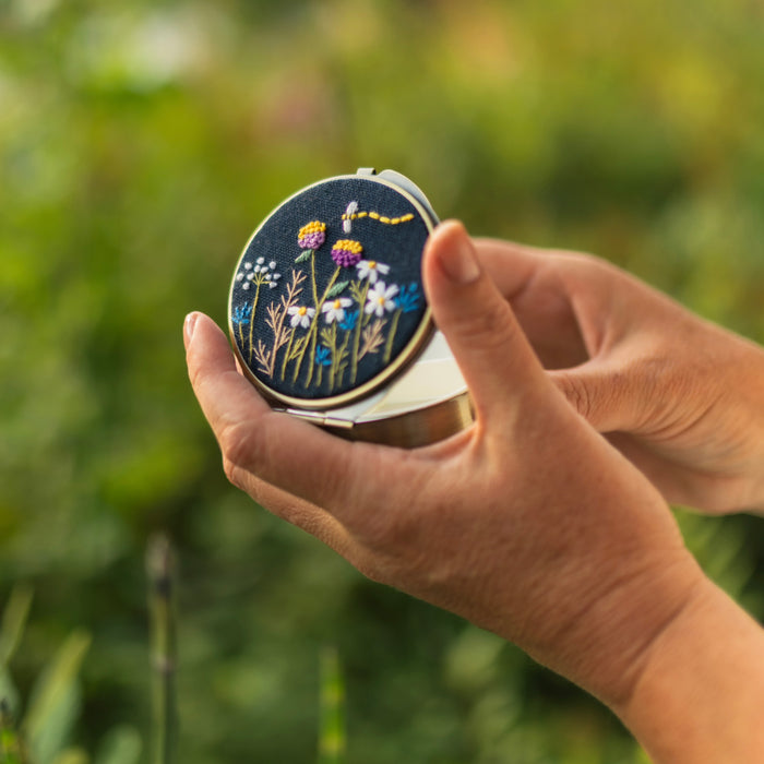 Floral Embroidered Round Jewelry Box with Mirror