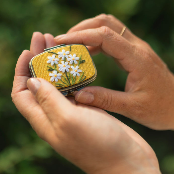 Floral Embroidered Mini Jewelry Box with Mirror