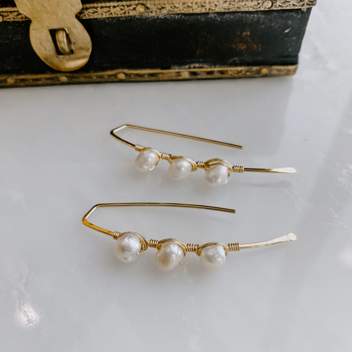 Triple Stone Freshwater Pearl Threader Earrings