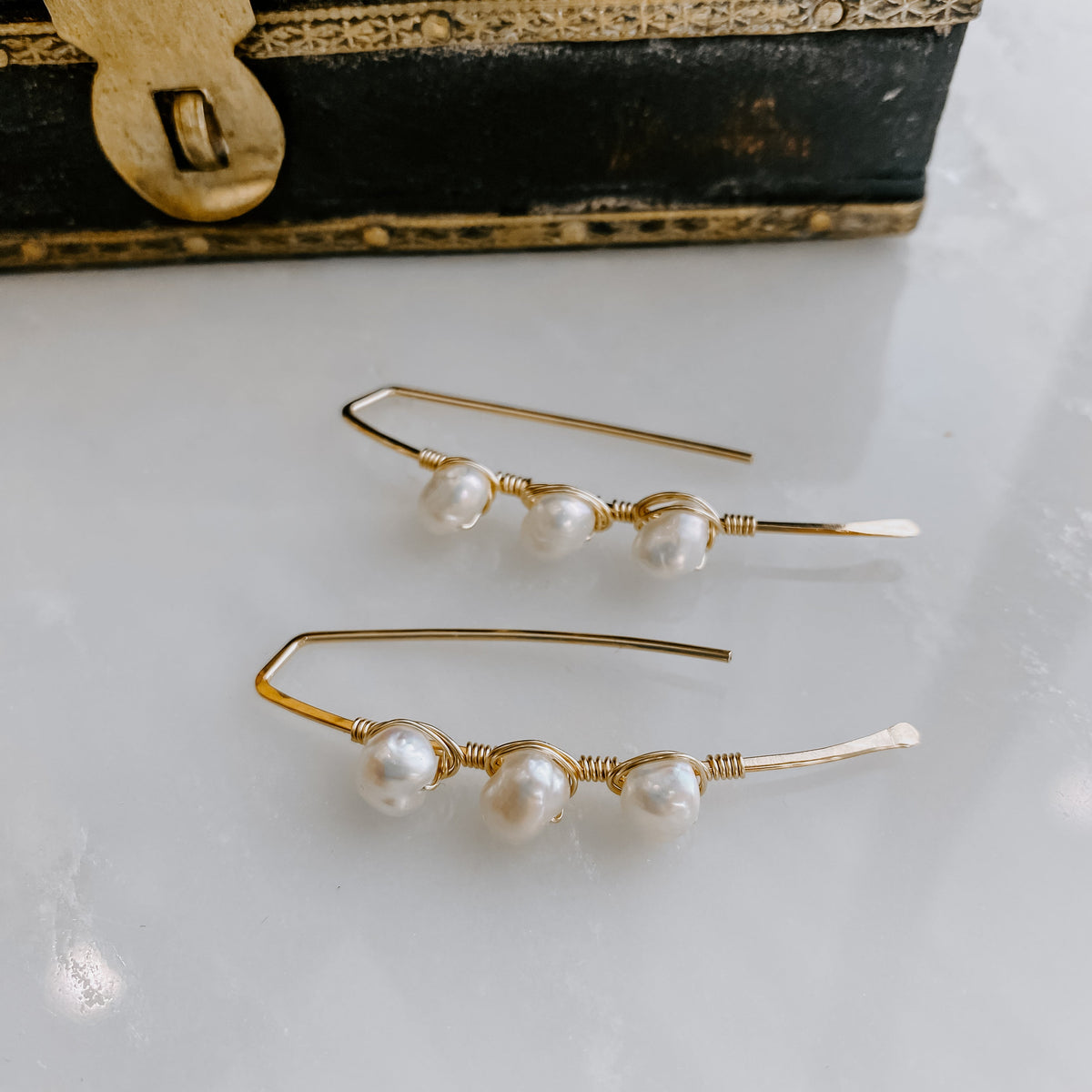 Triple Stone Freshwater Pearl Threader Earrings (WS)