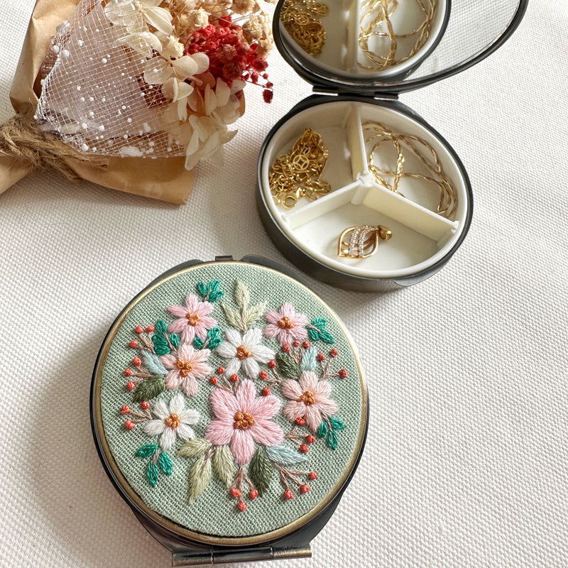 Floral Embroidered Jewelry Box With Mirror - Teal Flowers