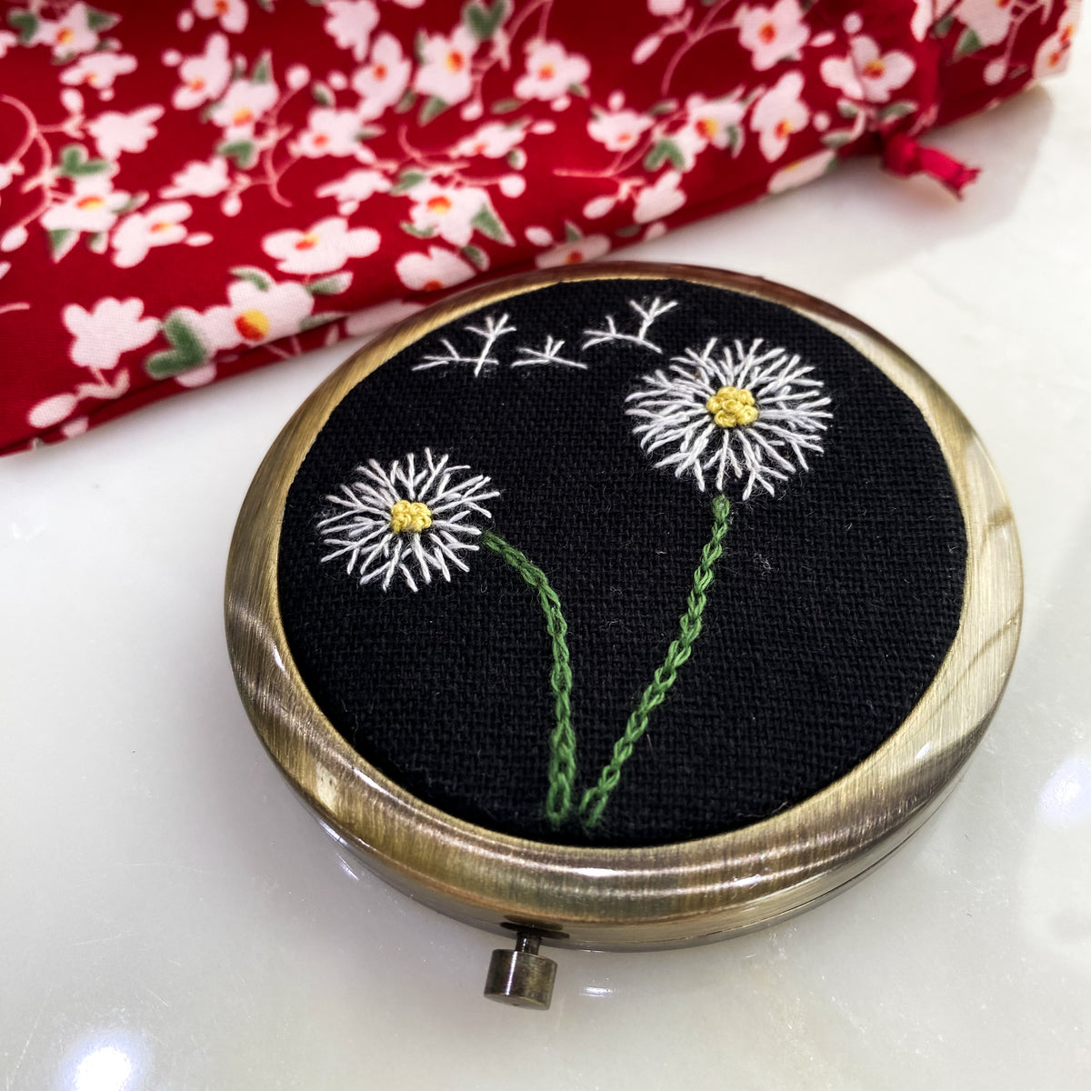 Floral Embroidered Compact Mirror - Dandelion