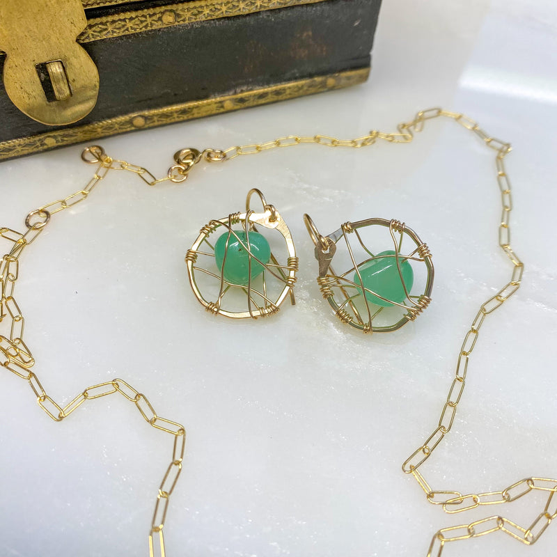 Holiday Gift Set: Paperclip Chain Necklace and Australian Chrysoprase pebble mini hoops