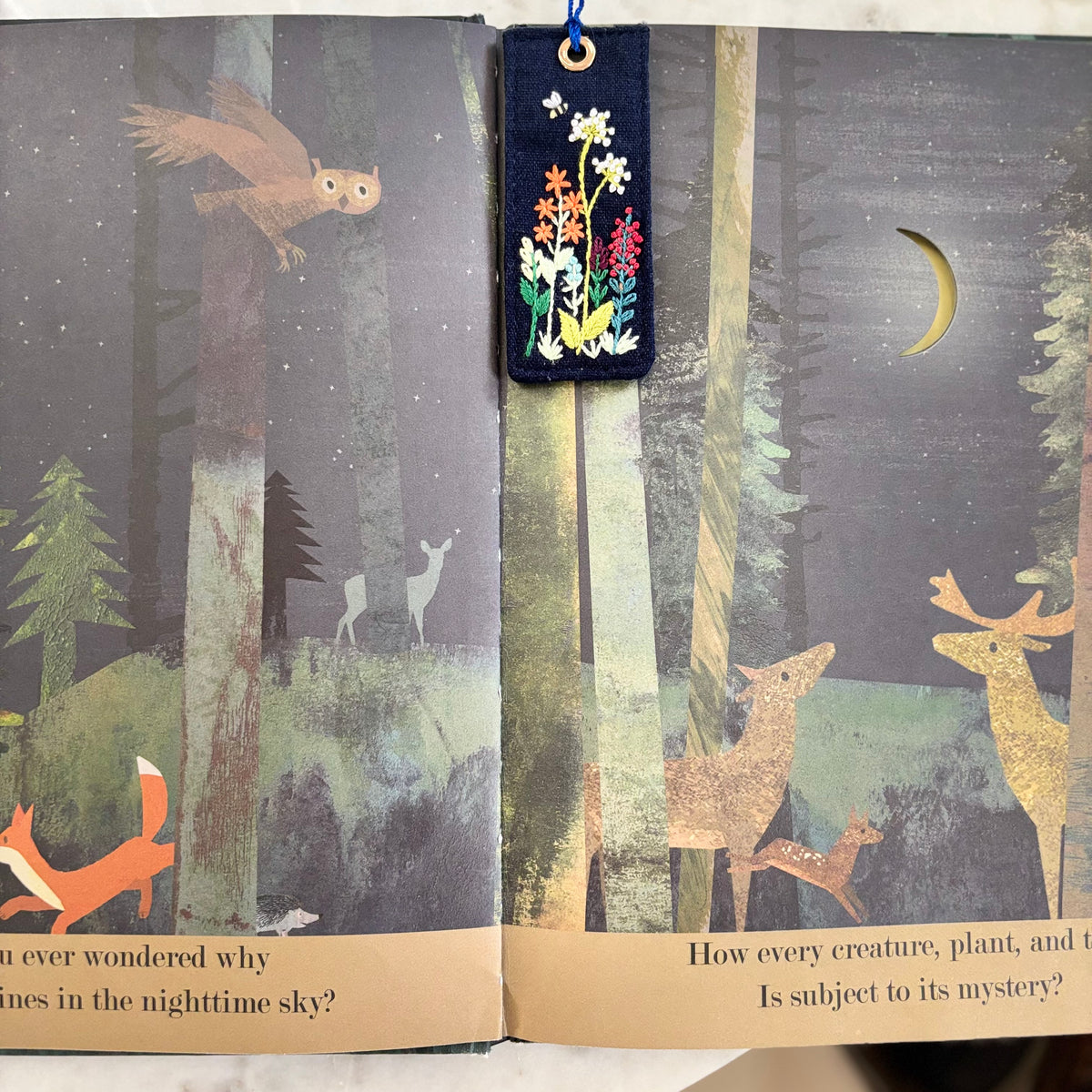 Embroidered Navy Flower Garden Bookmark