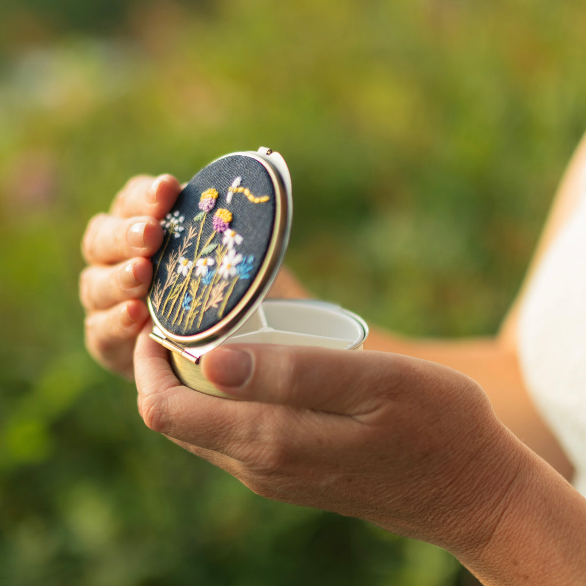 Floral Embroidered Round Jewelry Box with Mirror