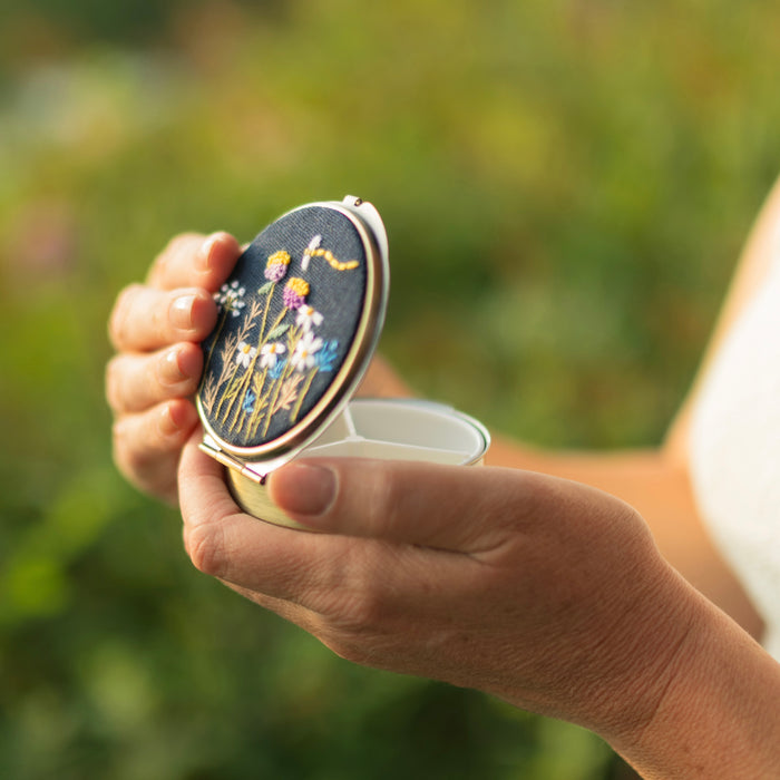 Floral Embroidered Round Jewelry Box with Mirror