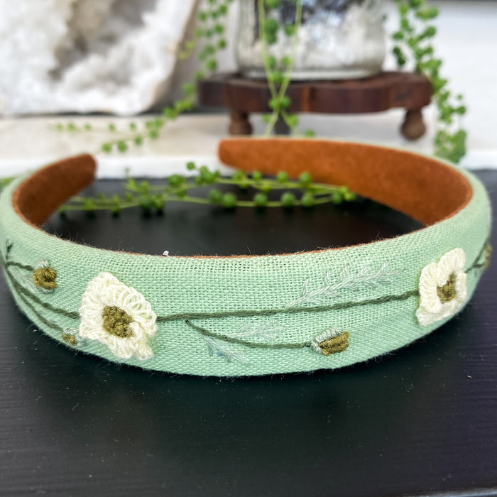 Floral Embroidered Headband- Sage Green