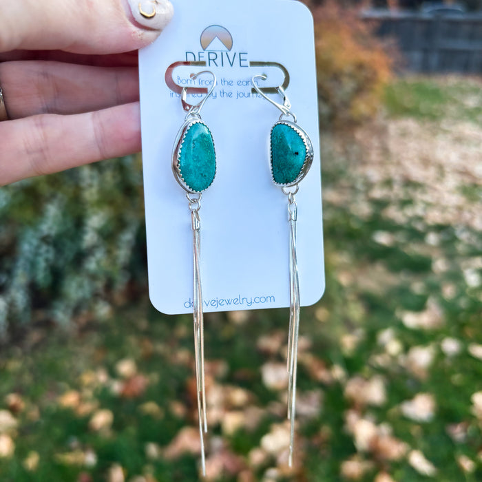 Canyon Sky Earrings - Kingman Turquoise bezel set fringe earrings in sterling silver