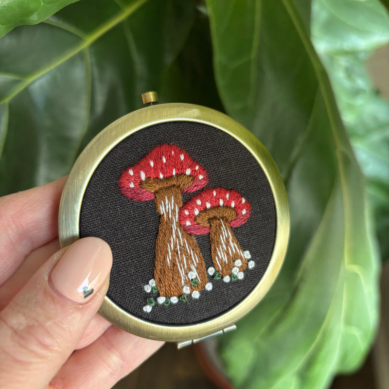 Red Mushrooms Floral Embroidered Compact Mirror