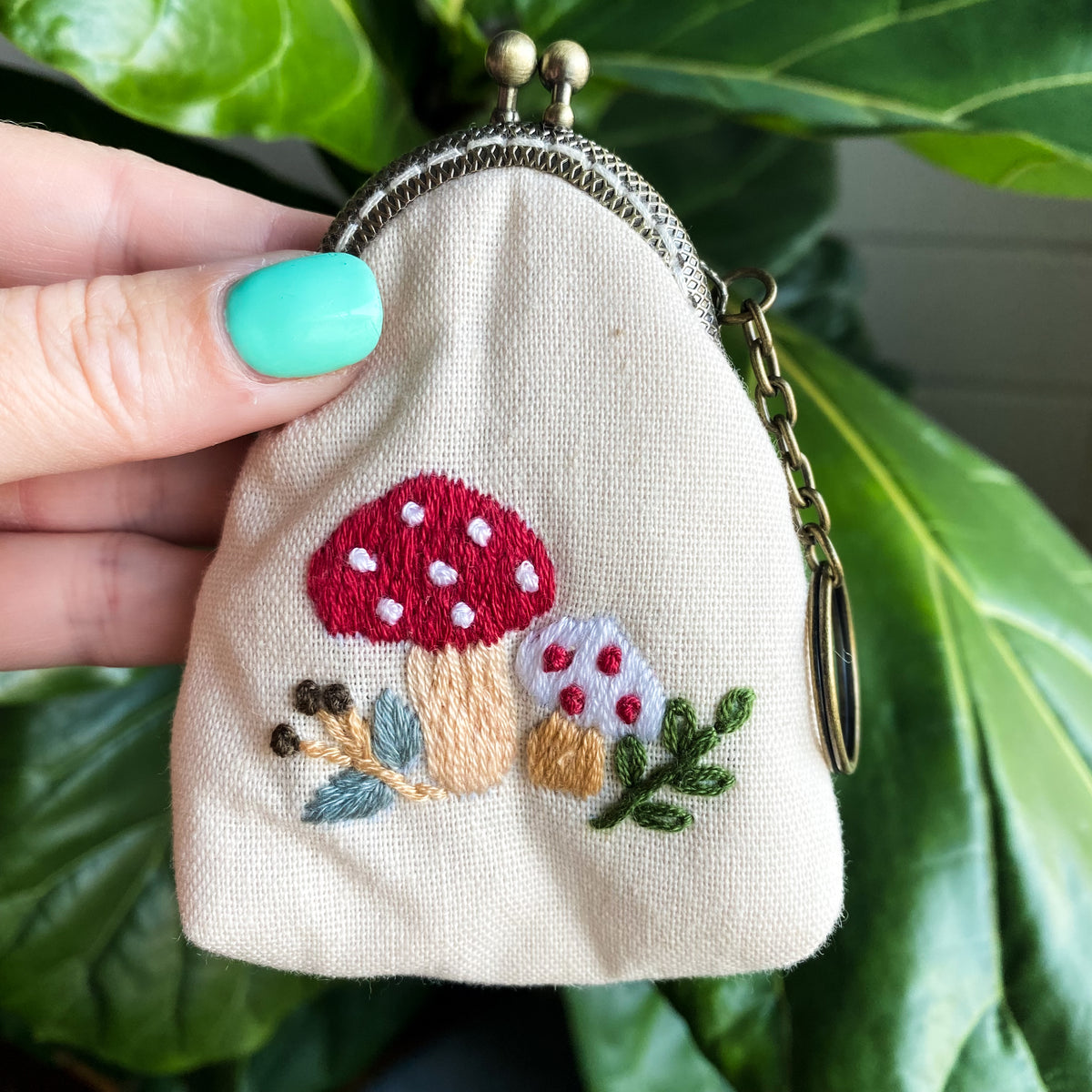 Mushroom Garden Floral Embroidered Keychain Pouch