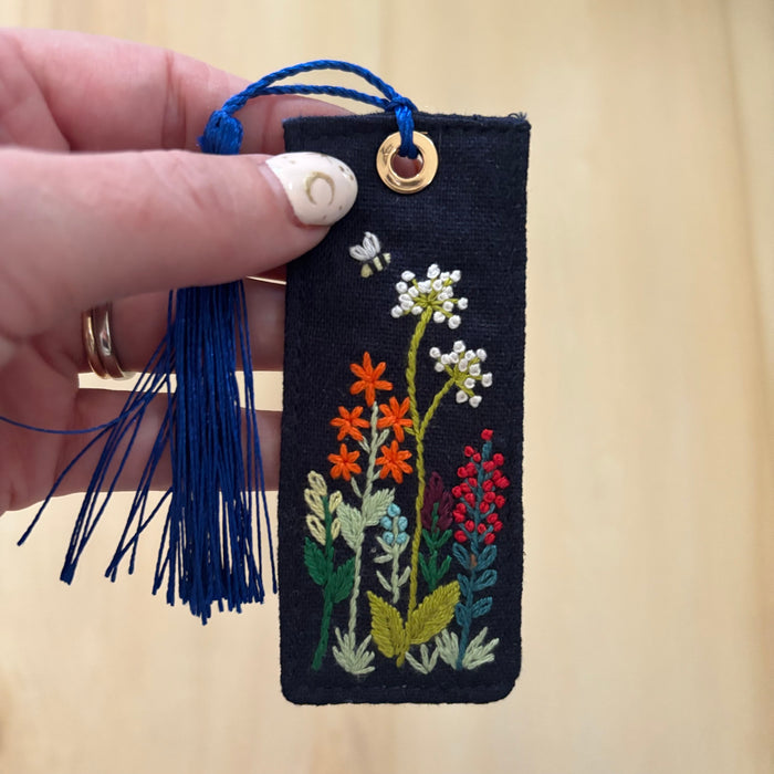 Embroidered Navy Flower Garden Bookmark