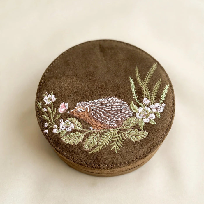 Hedgehog Embroidered Round Jewelry Box