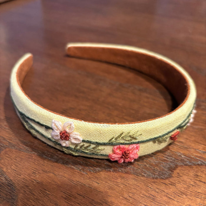 Floral Embroidered Headband- Light Yellow with Pink Flowers