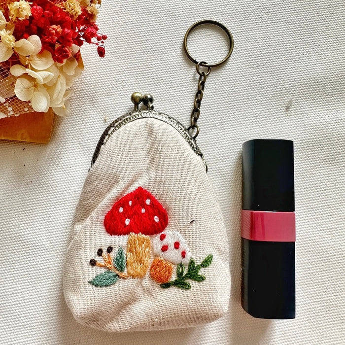 Mushroom Garden Floral Embroidered Keychain Pouch