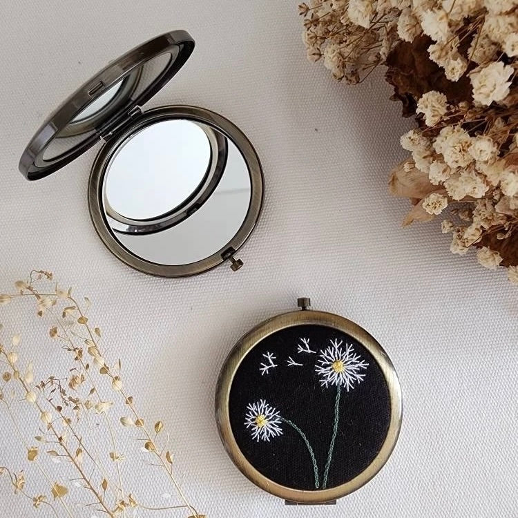 Floral Embroidered Compact Mirror - Dandelion