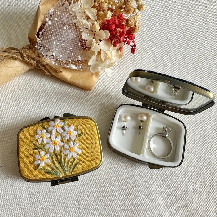 Floral Embroidered Mini Jewelry Box with Mirror