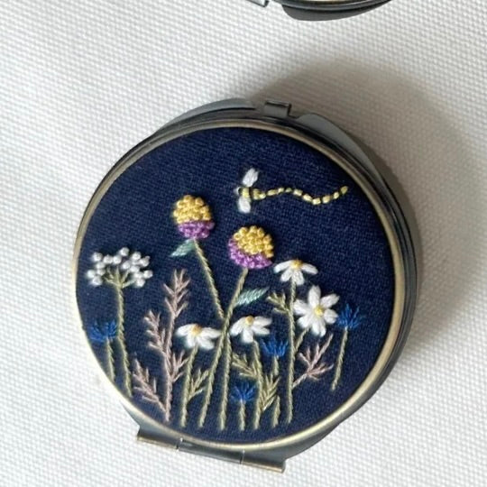 Floral Embroidered Round Jewelry Box with Mirror