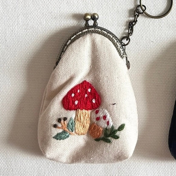 Mushroom Garden Floral Embroidered Keychain Pouch