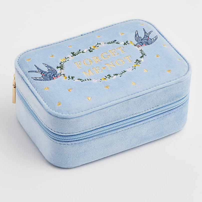 Forget Me Not Blue Velvet Embroidered Jewelry Box