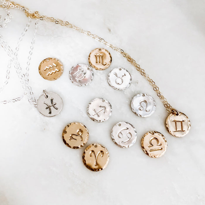 Astrology Hand Stamped Coin Necklace in sterling silver or 14k gold fill