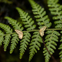 Butterfly wing stud earrings in solid 14k gold, mirrored pair pierced through a fresh fern frond