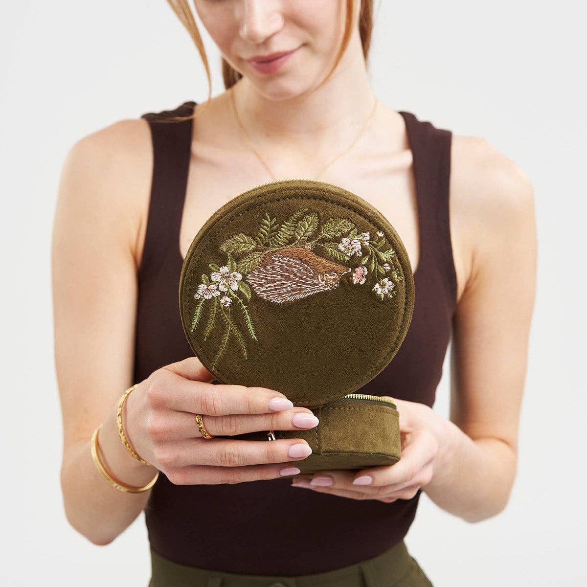 Hedgehog Embroidered Round Jewelry Box