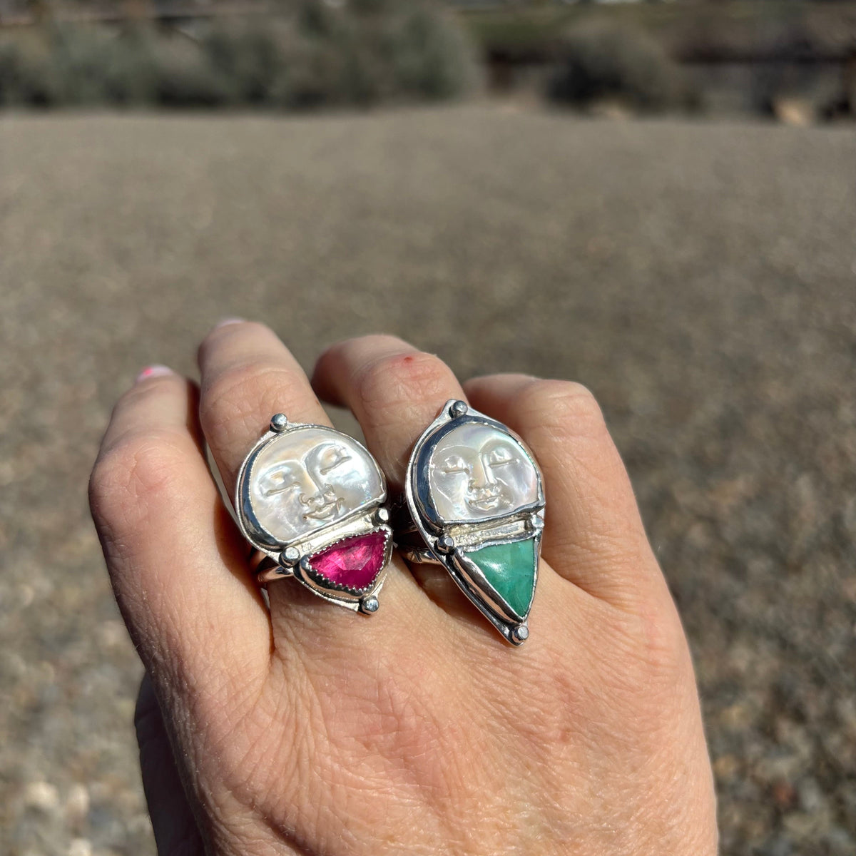 Celestial Current Moon face Ring with Kingman Turquoise, size 7 featuring pearl in sterling silver — view 7