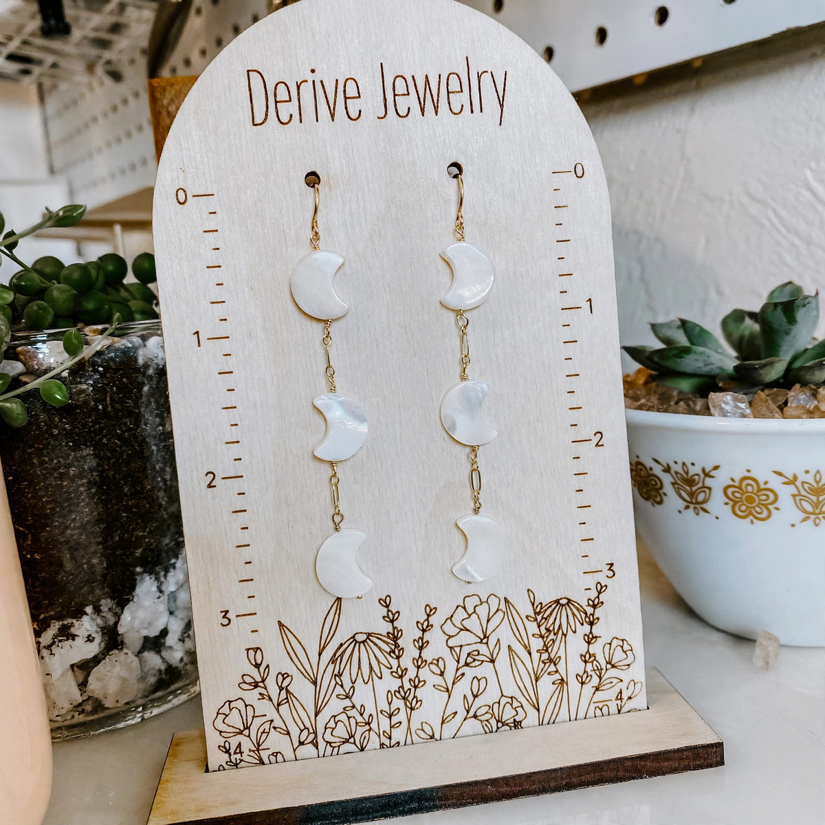Crescent Moon Mother of Pearl Earrings in sterling silver or 14k gold fill — detail view