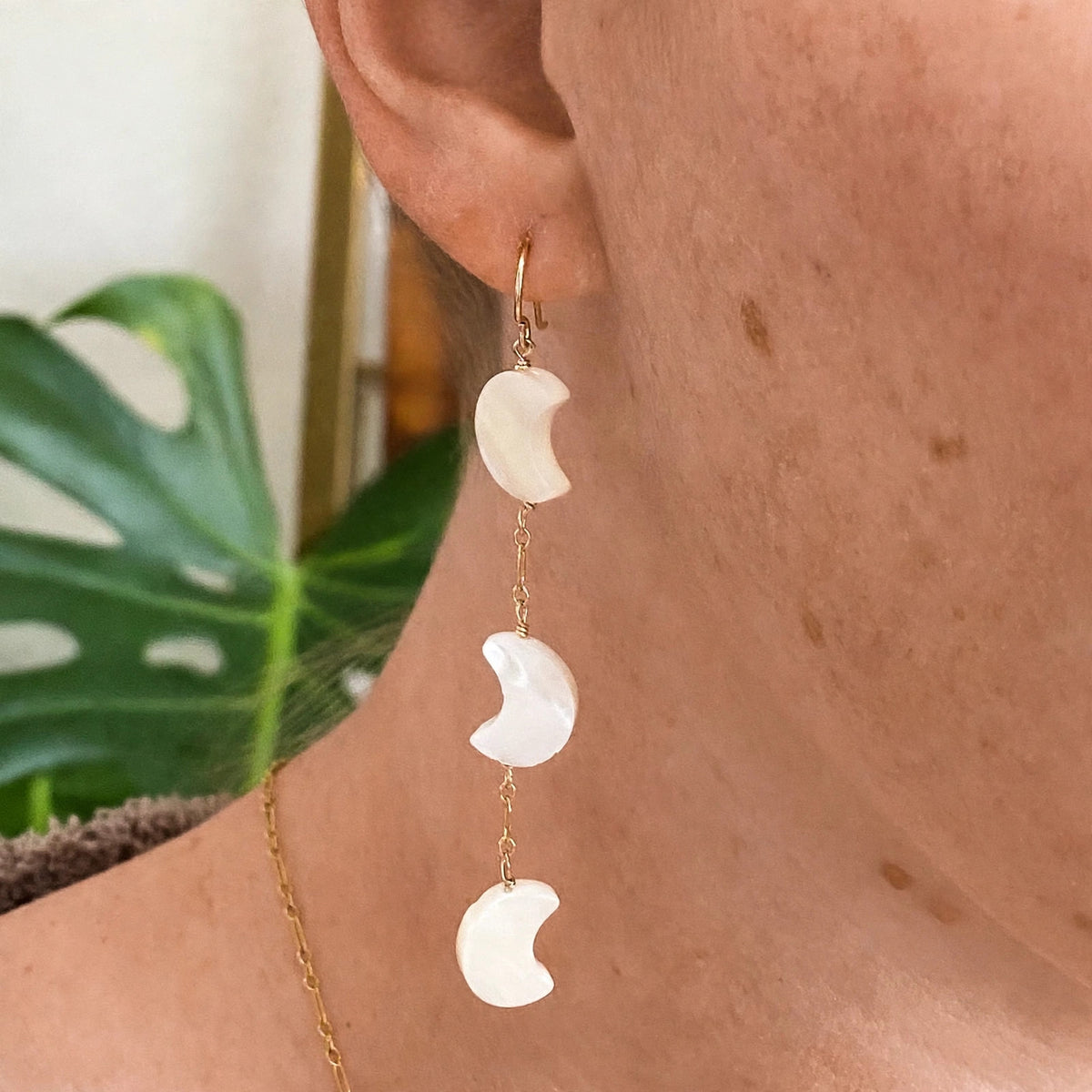 Crescent Moon Mother of Pearl Earrings in sterling silver or 14k gold fill — side view