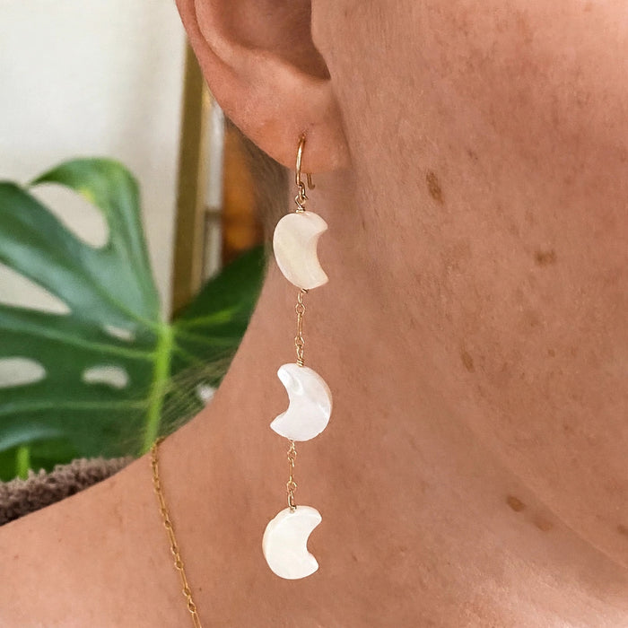 Crescent Moon Mother of Pearl Earrings in sterling silver or 14k gold fill — side view