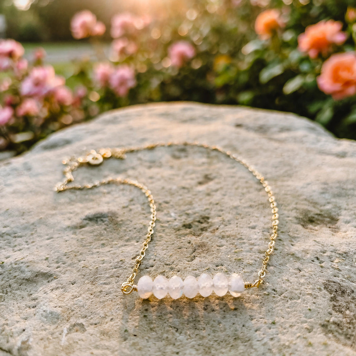Dainty Moonstone Necklace in 14k gold fill with moonstone, Ever After garden photo