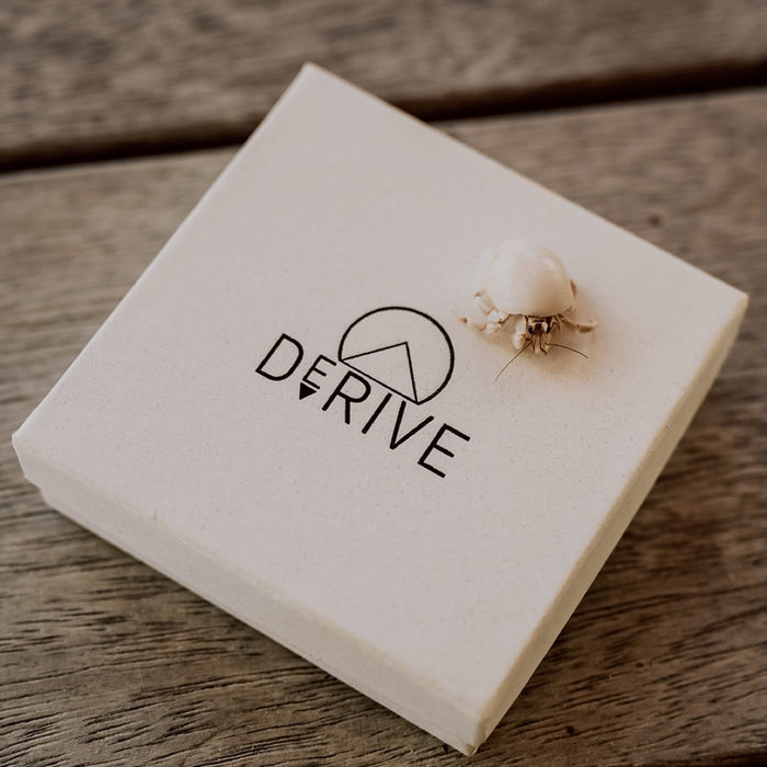 Derive Jewelry Gift Box photographed in Bora Bora with a hermit crab on the lid