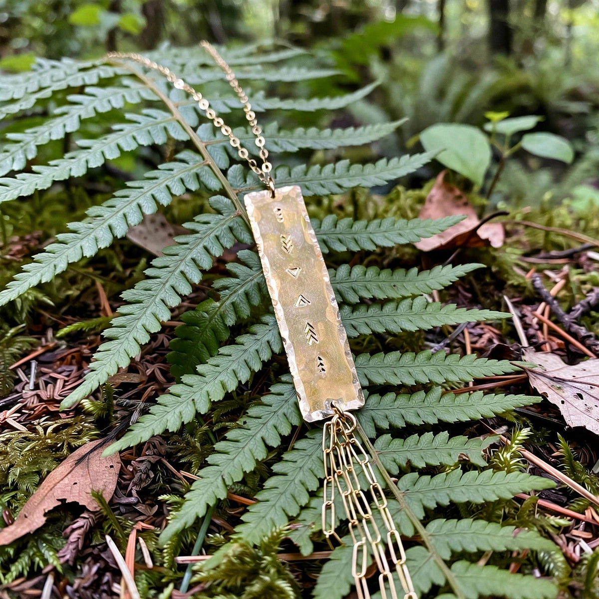 Drifter Fringe Necklace in 14k gold fill with a stamped bar pendant and chain fringe, styled on ferns