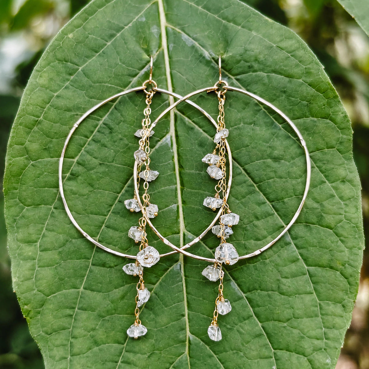 Enchanted Herkimer Diamond Earrings in 14k gold fill with dangling herkimer diamond quartz crystals, resting on a large green leaf