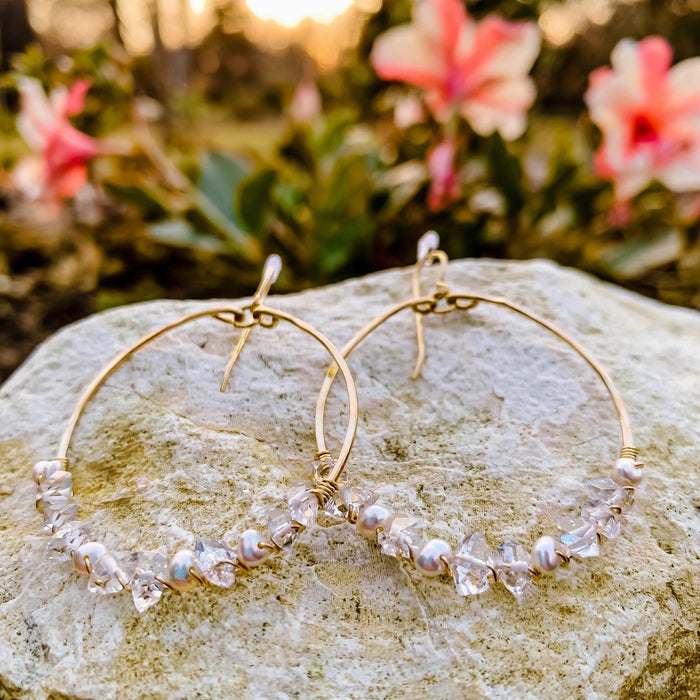 Everly Herkimer Diamond and Pearl Hoop Earrings in 14k gold fill, Ever After garden photo
