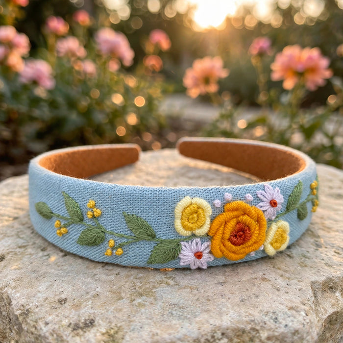 Floral Embroidered Headband, blue with neutral flowers, Ever After garden photo
