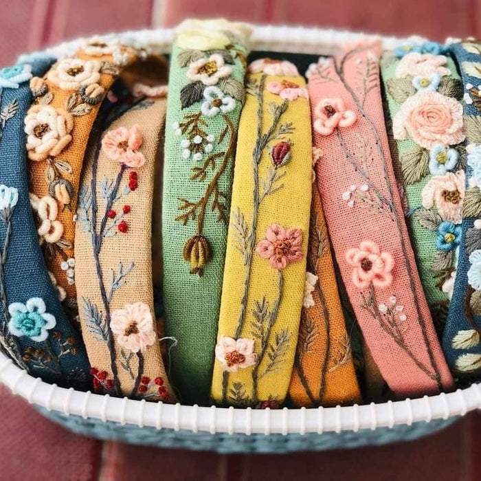 Floral Embroidered Headband- Mustard Yellow — side view