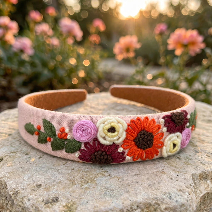 Floral Embroidered Headband with sunflower embroidery in a sunlit garden