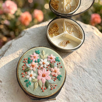 Floral Embroidered Jewelry Box with Mirror, teal flowers, Ever After garden photo