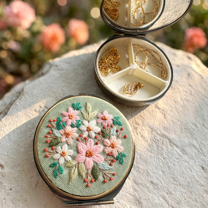 Floral Embroidered Jewelry Box with Mirror, teal flowers, Ever After garden photo