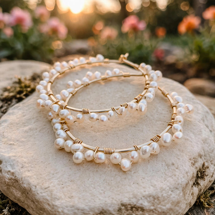 Forever Pearl Hoop Threaders in 14k gold fill with freshwater pearls, Ever After garden photo