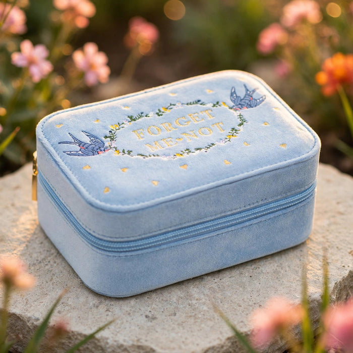 Forget Me Not Blue Velvet Embroidered Jewelry Box, Ever After garden photo